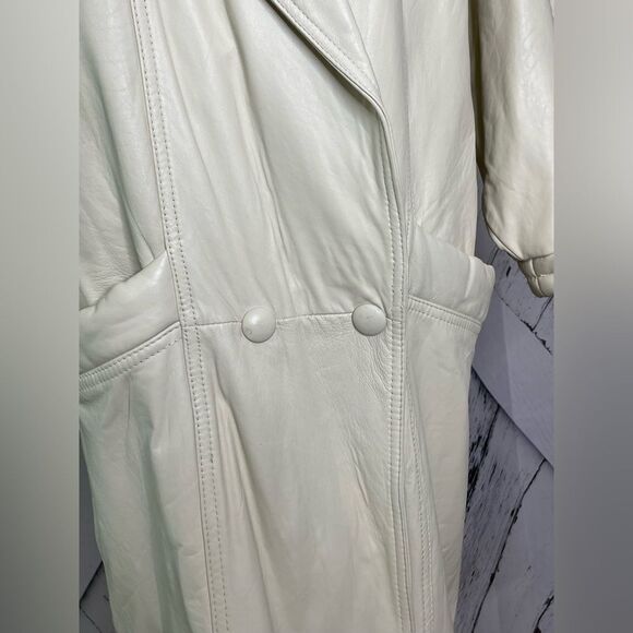 Vintage 80s WINLIT Cream Leather Coat Padded Shoulders Size M - Picture 5 of 12